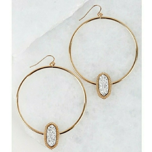 💕 LAST 1 💕 Silver Druzy Accented Circle Earrings - Picture 3 of 4